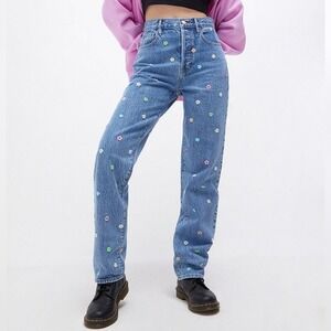 PACYUN Denim Dad Jeans Women 24 Blue Embroidered Flower Straight Leg Button Fly